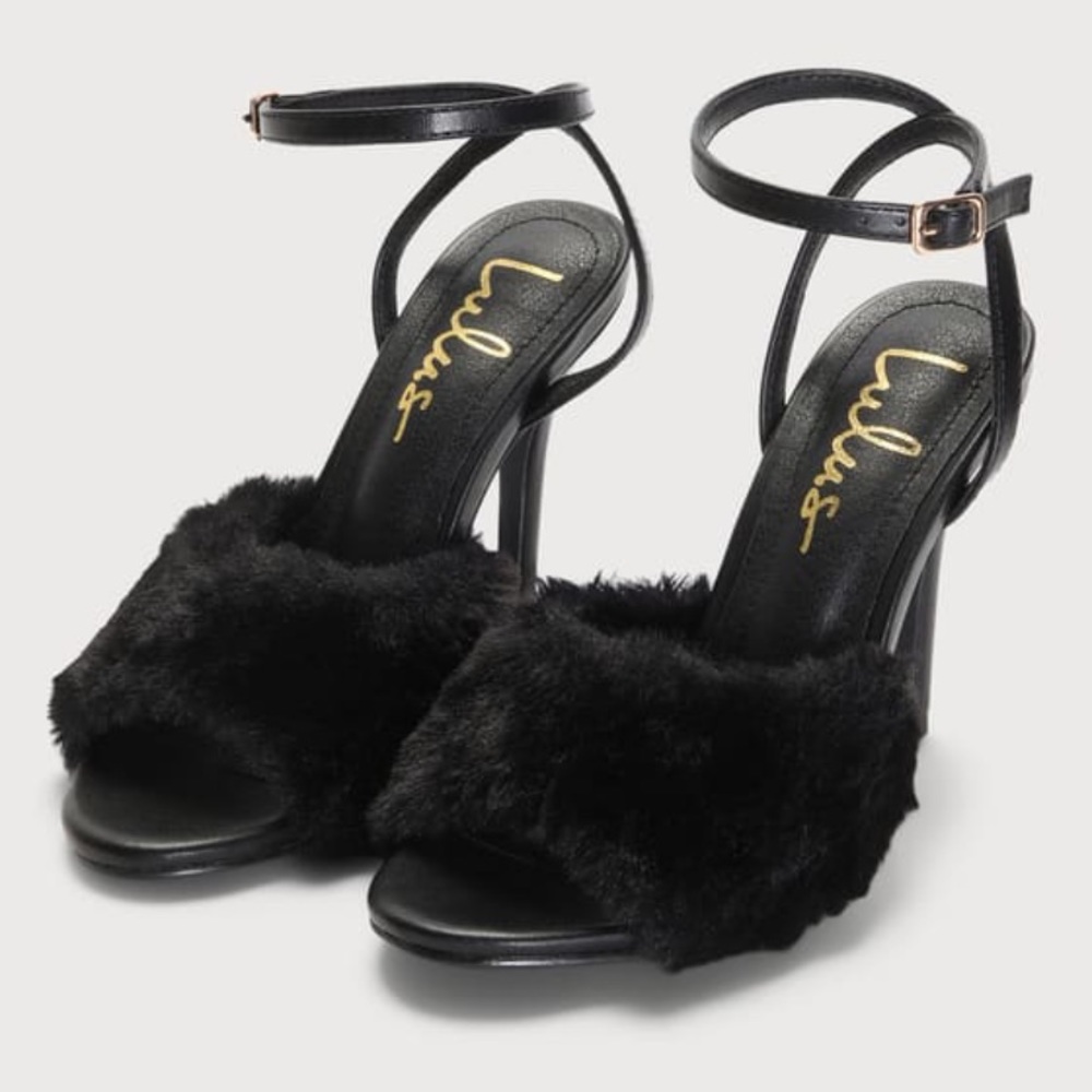 Reluca Black Faux Fur Ankle Strap High Heel Sandals